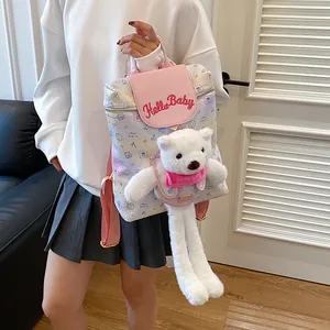 Cute white cartoon backpack with pink flap and plush bear charm for fashion women