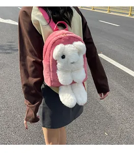 Detail of pink plush backpack featuring 3D white teddy bear with soft faux mink texture