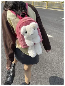 Detail showing plush pink backpack texture with cute white bear doll on the back