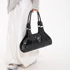 Retro black oil wax leather tote bag with silver cross and metal chain details
