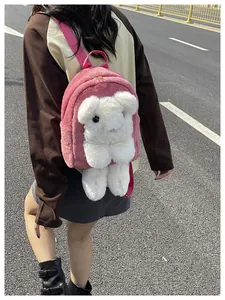 Detail of pink plush backpack with 3D white teddy bear and adjustable red straps