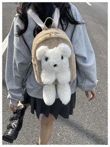 Detailed view of plush teddy bear shoulder bag featuring soft faux fur and metallic zipper