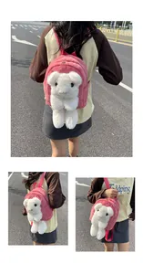 Detailed views showing the texture and strap of a pink plush teddy bear shoulder bag