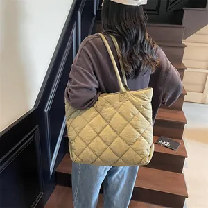 Olive green quilted tote bag with diamond stitching and large capacity for women