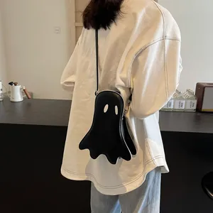 Sac à bandoulière mignon en forme de fantôme en similicuir noir et liseré blanc