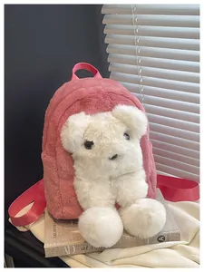 Detail of pink faux mink fur shoulder bag with cute white plush dog ornament
