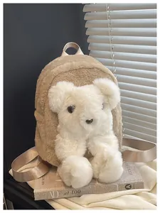 Close-up of plush bear handbag with soft faux mink fur texture and nylon shoulder strap