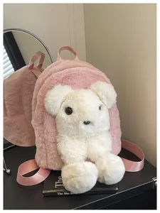 Detail view of pink plush teddy bear backpack with 3D white bear and nylon straps