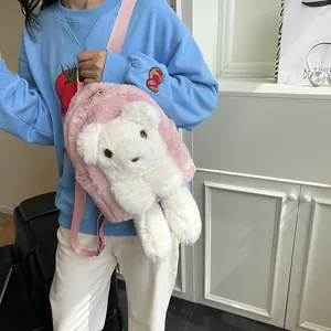 Cute pink plush bear shoulder bag with soft faux fur texture and 3D teddy doll detail