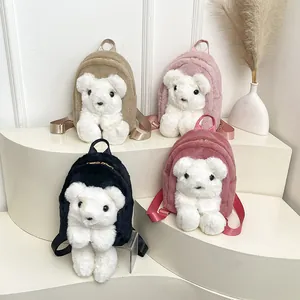 Plush bear shoulder bags in khaki, pink, and black with soft faux fur and nylon straps