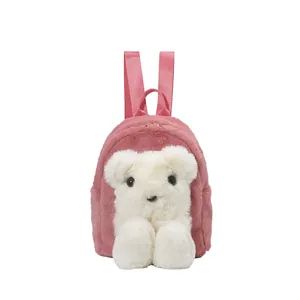 Cute pink and beige plush bear shoulder bag with soft faux mink fur and top handle
