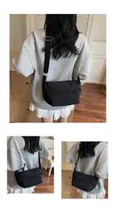 Detailed views of black nylon dumpling bag with adjustable strap and zip closure