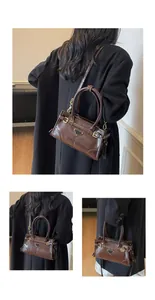 Three views showing retro brown leather handbag with gold hardware and shoulder strap