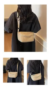 Detailed views of a beige nylon crossbody bag with adjustable wide strap and zip closure