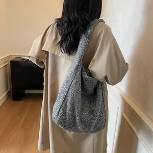 Grey woolen tote bag for women, spacious hobo style shoulder bag for autumn and winter