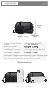 Détails du sac bandoulière en cuir grainé noir mesurant 19x12x6cm avec compartiment double