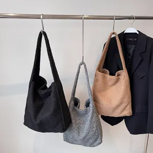 Winter wool-like textured tote bag in black grey and camel with wide straps