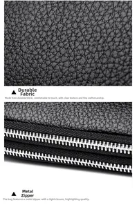 Détail de la texture grainée et des fermetures éclair en métal argenté sur le sac noir