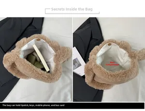 Detail showing the inner main pocket and magnetic closure of the plush rabbit handbag