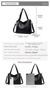 Detailed size chart showing dimensions 33x29x13cm for the large casual tote bag