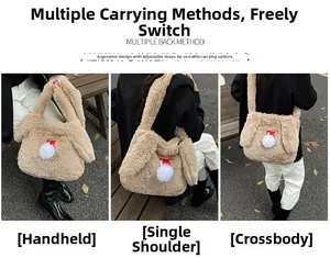 Three-way display of plush rabbit handbag used as a tote, shoulder, and crossbody bag