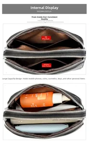 Détail du sac bandoulière en cuir noir montrant deux compartiments zippés et doublure brune