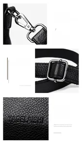 Detail showing silver metal hooks and black lychee grain leather texture on a shoulder bag