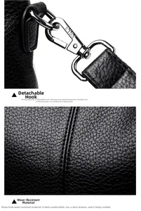Detail of silver swivel metal hook and black lychee grain leather with neat stitching