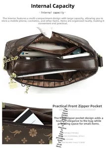 Détail du sac bandoulière grande capacité avec compartiments internes et poche zippée avant
