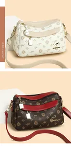 Détail de sac bandoulière imprimé montrant le cuir texturé et trois compartiments zippés