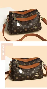 Détail du sac bandoulière imprimé avec poches zippées et pendentif kangourou