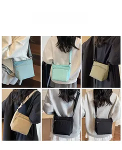 Collage of multi-color lightweight nylon crossbody bags shown on models in different shades