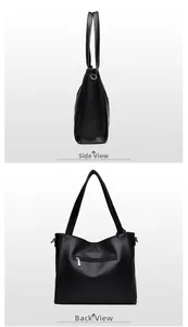 Detailed side and back view of black lychee leather tote with rear zipper pocket