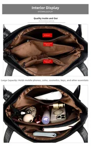 Detailed interior of black leather tote bag with multi-layer pockets and large capacity