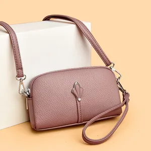 Sac à Bandoulière en Cuir de Vache pour Femmes Grain de Litchi Minimaliste Double Fermeture Éclair Pochette de Téléphone Portable