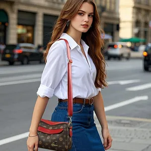 Sac bandoulière marron à monogramme avec rabat rouge et logo kangourou doré pour femme