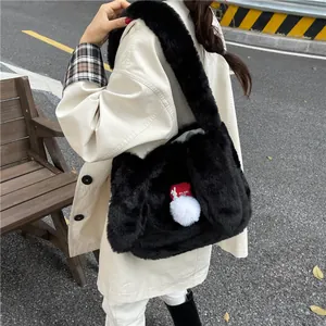 Faux fur tote bag with cute rabbit ears and white pom-poms for autumn winter style