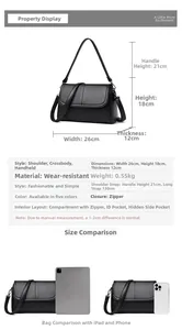 Guida alle taglie della borsa nera con dimensioni 26x18x12cm e dettagli tasche interne