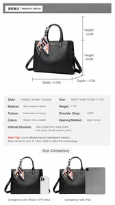 Dimensioni dettagliate della borsa tote nera in pelle martellata con foulard di seta decorativo