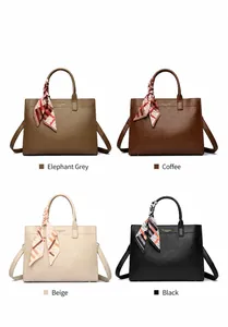 Borse tote in pelle in quattro colori con sciarpe di seta decorative e manici doppi