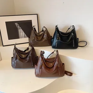 Fashionable soft leather tote bags in four colors for commuting with side zippers