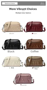 Detailed grid of seven pleated leather crossbody bags in various colors with silver hardware