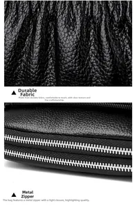 Close-up of black lychee grain leather texture and durable silver metal double zippers