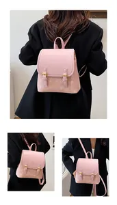 Pink PU leather backpack with cute bear print shown from multiple angles on a model