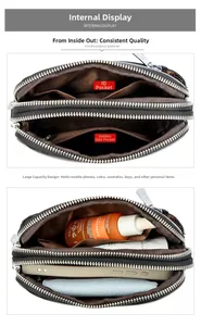 Detailed interior of brown leather shoulder bag showing multiple zipper compartments and storage