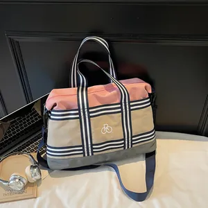Large Capacity Canvas Travel Bag For Women Color Blocking Gym Tote With Adjustable Shoulder Strap Striped Webbing Handbag