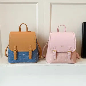 Chic bear print backpacks in blue and pink fabric with stylish leather flap details