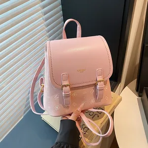 Women Mini Backpack Korean Style Cute Bear Print PU Leather Denim Patchwork Small Casual Travel School Bag For Teen Girls
