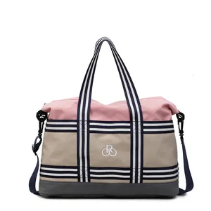 Three-color travel tote with stripe handles and large capacity storage for fitness use