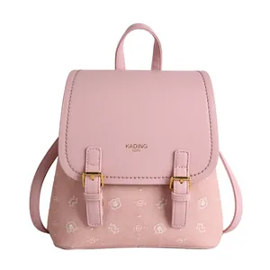 Pink patchwork backpack with cute bear pattern and leather flap for women and travel